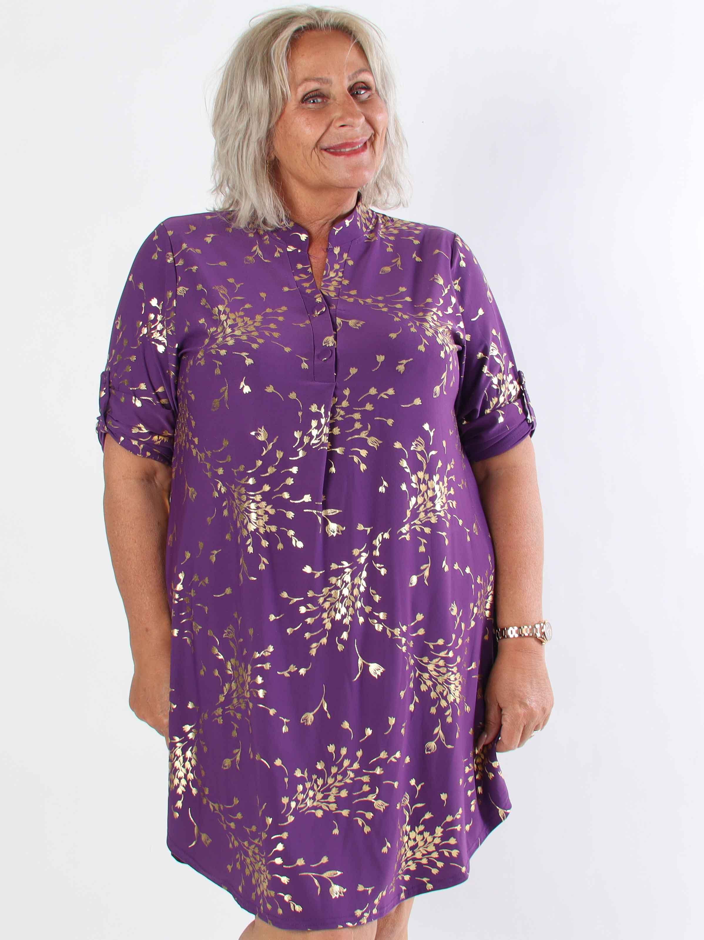 Ebba Gold Leaf Long - Elastisk ensfarvet plus size kjole med guld blomsterprint